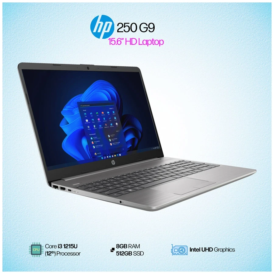 HP 250 G9 12th Gen Intel Core i3 1215U 8GB RAM, 512GB SSD 15.6 Inch HD Display Asteroid Silver Laptop