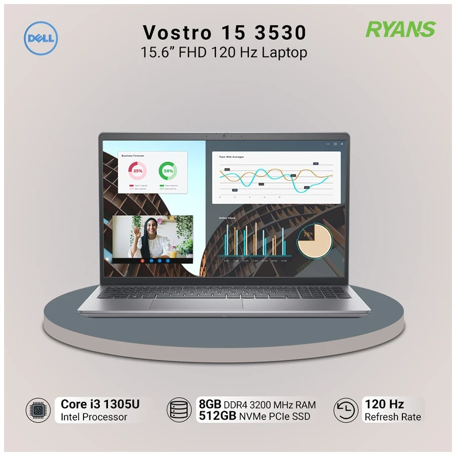 Dell Vostro 15 3530 Intel Core i3 1305U 8GB RAM, 512GB SSD 15.6 Inch FHD Display Titan Grey Laptop